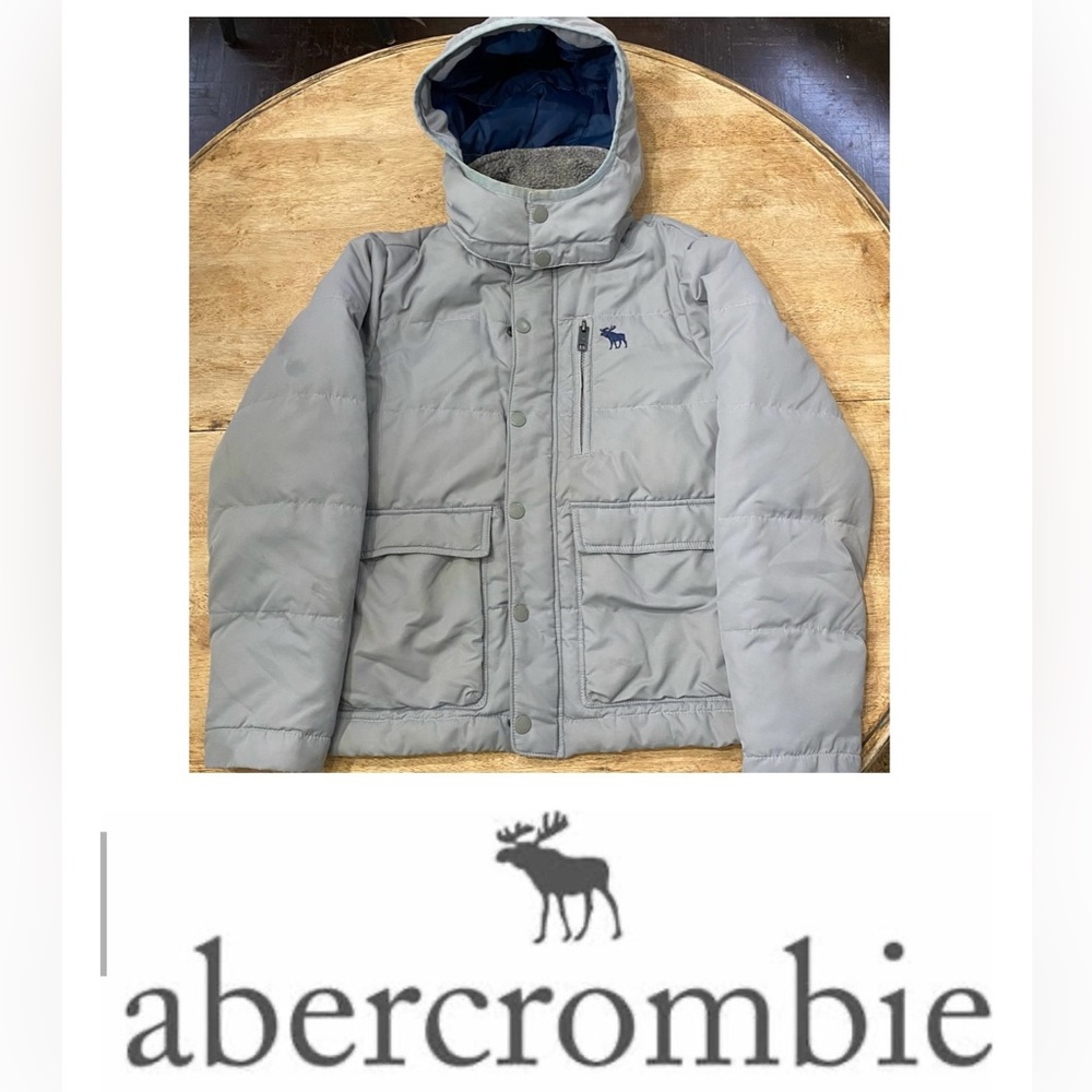 Vintage Abercrombie Youth Sz Medium Gray Poly Puffer Hooded Jacket W/Moose‎ Logo
